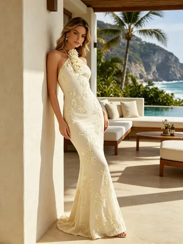 Robe De Soirée Dos Nu Fleurs 3D Dentelle Paillettes Sirène Dos Nu Moulante Élégante Maxi Gown Pour Femmes Fête