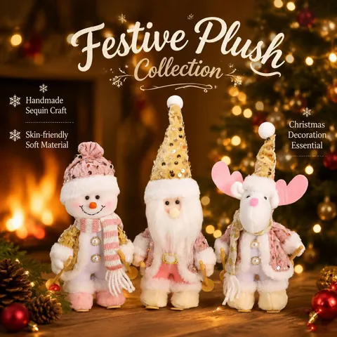 Rosa Pailletten Weihnachts Skifahren Puppe Ornament Weihnachtsmann Schneemann Rentier Plüschfigur Heim Urlaub Fenster Deko