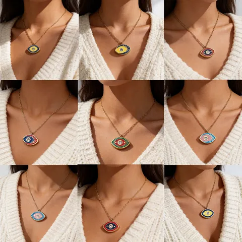 Evil Eye Pendant Necklace Titanium Steel Enamel Zircon Inlay Bohemian Trendy Jewelry For Women