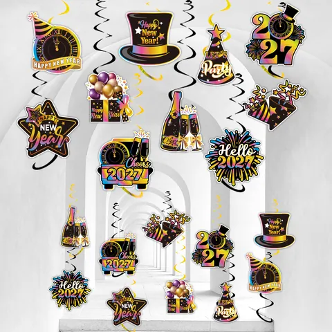 2027 Happy New Year Party Swirl Decorations Colorful Foil Stamping Paper Hanging Ornaments Celebration Decor For Home Office