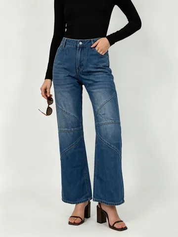 Jean Femme Jambe Droite Patchwork Délavé Effet Usé Taille Haute Jambe Large Pantalon En Denim De Coton
