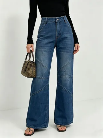 Jean Femme Jambe Droite Patchwork Délavé Effet Usé Taille Haute Jambe Large Pantalon En Denim De Coton