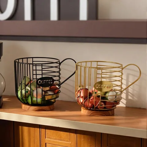 Mug Shaped Coffee Capsule Holder Metal Iron Wire Basket With Wood Base Espresso Pod Organizer Nordic Desktop Storage