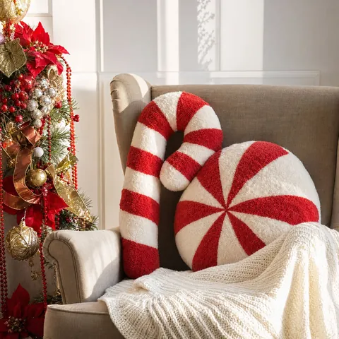 Christmas Candy Plush Pillow Round Peppermint Swirl Candy Cane Cushion Sherpa Soft Fabric Red White Holiday Home Decor