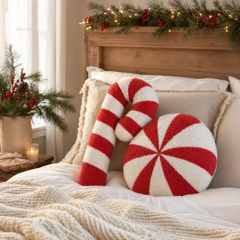 Christmas Candy Plush Pillow Round Peppermint Swirl Candy Cane Cushion Sherpa Soft Fabric Red White Holiday Home Decor
