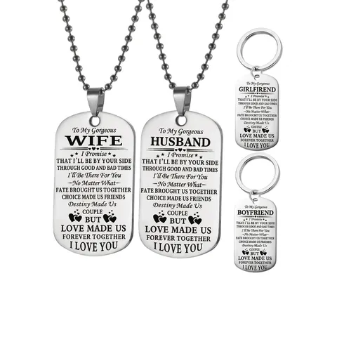 Stainless Steel Dog Tag Necklace And Keychain Inscribed Love Message Pendant Jewelry Gift For Husband Wife Boyfriend
