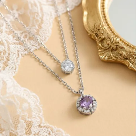 Elegant Double Layer Copper Pendant Necklace With Round Cubic Zirconia Halo Clavicle Chain For Women Jewelry
