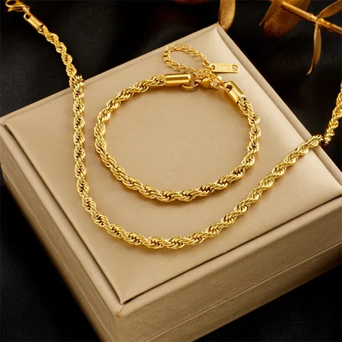 Women Fashion Gold Plated Stainless Steel Rope Chain Necklace Elegant Twist Chain Bracelet Set Minimalist Jewelry Accessory