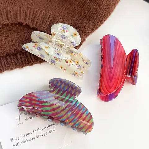 Vintage Florale Große Haarklammern Acryl Bunte Druck Shark Haargreifer Französischen Stil Elegante Haarschmuck Für Damen