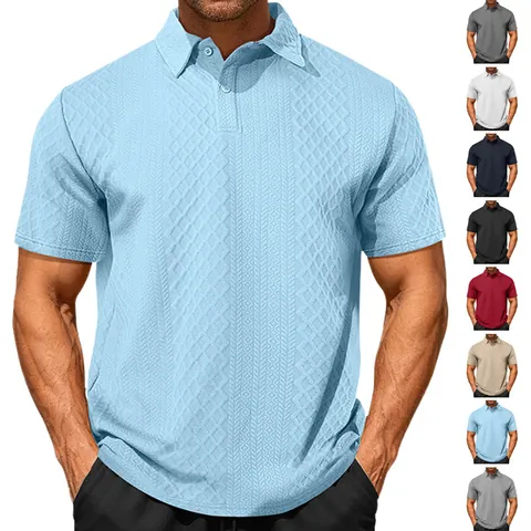 Polo Homme Manches Courtes 3D Jacquard Motif Losange Respirant Décontracté Été Haut Polyester