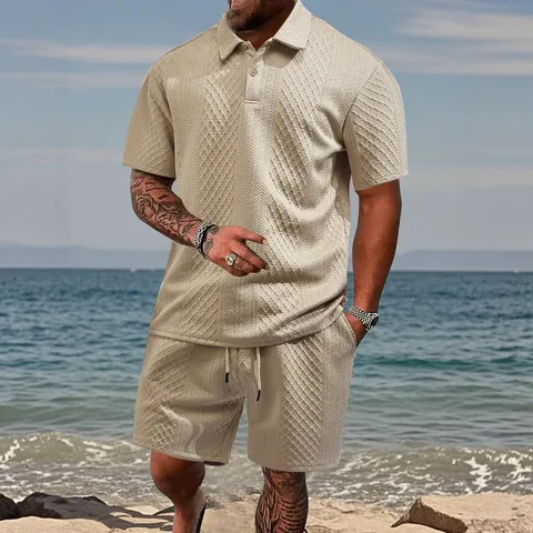 Polo Homme Manches Courtes 3D Jacquard Motif Losange Respirant Décontracté Été Haut Polyester