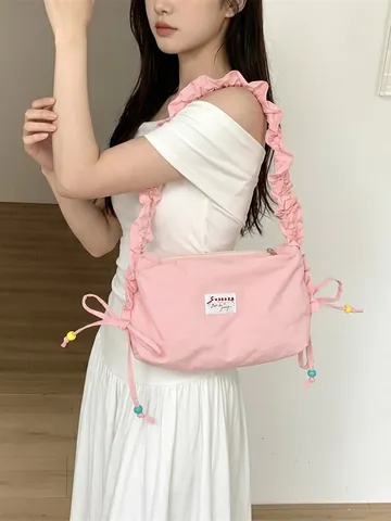 Damen Umhängetasche Mit Rüschen Plissiert Polyester Crossbody Tasche Leicht Süßer Koreanischer Stil Kordelzug Lässig Reisen