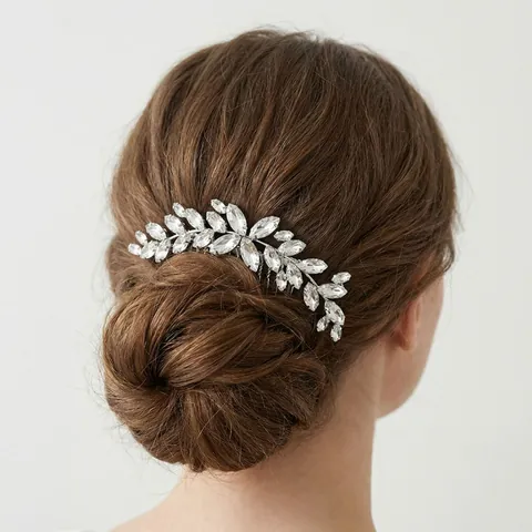 Peine de Pelo de Novia de Aleación de Plata con Hojas de Diamantes de Imitación Marquise Elegante Accesorio de Pelo para Boda Fiesta Mujer