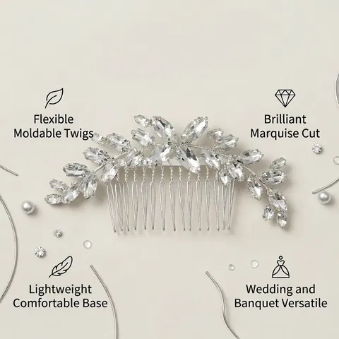 Peine de Pelo de Novia de Aleación de Plata con Hojas de Diamantes de Imitación Marquise Elegante Accesorio de Pelo para Boda Fiesta Mujer