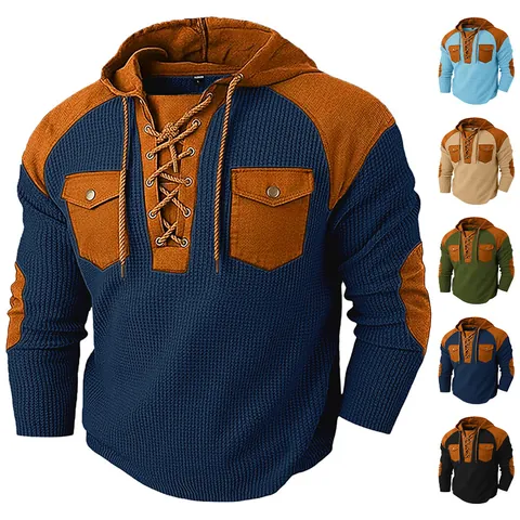 Felpa Con Cappuccio In Maglia A Nido D'ape Da Uomo Color Block Lacci Coulisse Manica Lunga Felpa Retro Casual Con Tasche