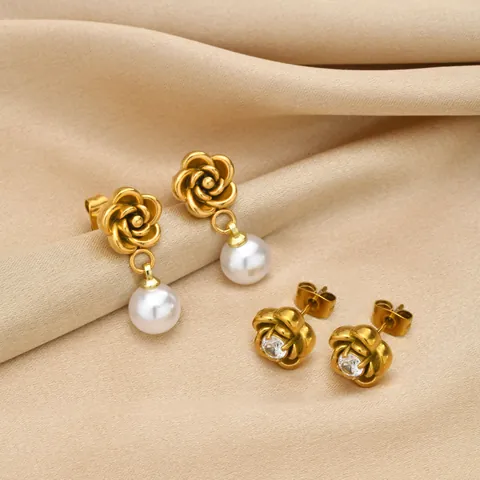 Elegante Edelstahl Kamelie Blume Ohrringe Für Damen Vergoldet Künstliche Perle Strass Ohrstecker Hängende Ohrringe Schmuck