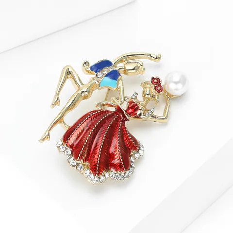 Spilla in Lega Smaltata in Stile Coreano Coppia di Ballerini Oro Rosso Strass Intarsiati Perla Artificiale Elegante Pin da Donna