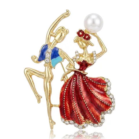 Spilla in Lega Smaltata in Stile Coreano Coppia di Ballerini Oro Rosso Strass Intarsiati Perla Artificiale Elegante Pin da Donna