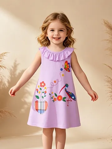 Girls Cotton Sleeveless Dress Ruffle Collar Cartoon Bird Butterfly Print Summer Casual A-Line Princess Dress Lavender