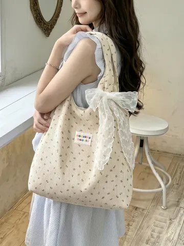 Sac Cabas En Velours Côtelé À Fleurs Grande Capacité Style Japonais Sac À Main Rétro