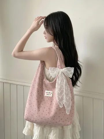 Sac Cabas En Velours Côtelé À Fleurs Grande Capacité Style Japonais Sac À Main Rétro