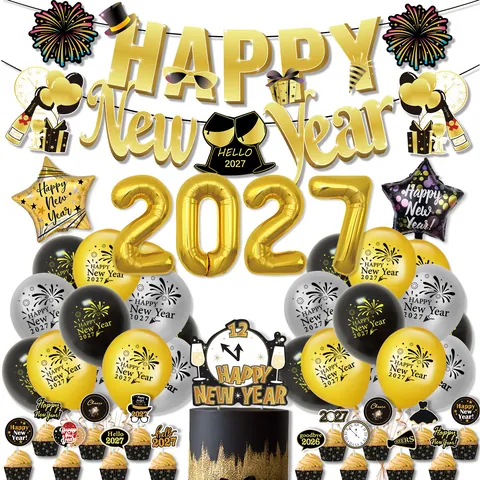 Decorazioni Per Feste Di Capodanno 2026 Palloncini In Lattice E Alluminio Striscione Topper Per Torte Forniture Per Celebrazioni Festive