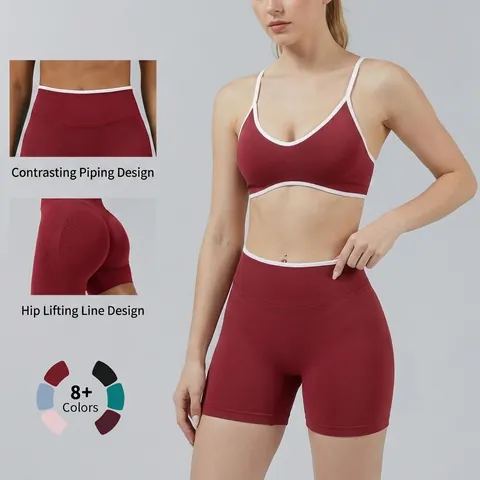 Sport BH Und Shorts Mit Hoher Taille Workout Yoga Outfit Gerippt Nahtlos Kontrastpaspelierung Gym Kleidung Für Damen