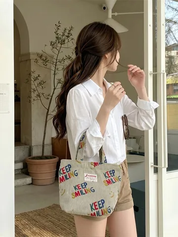 Dames Corduroy Handtas Letterprint Smiley Draagbare Lunch Tote Casual Street Style Klein Bruin