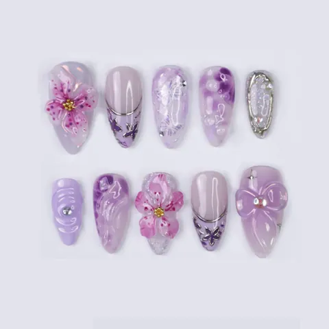 Purple White Gradient Press On Nails Almond Shape With 3D Flowers And Butterflies Long French Style For Women