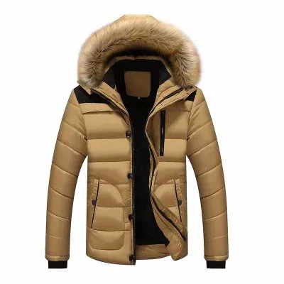 Men Winter Padded Jacket Fleece Lined Thickened Parka Faux Fur Collar Hooded Outerwear Color Block Casual Coat For Men