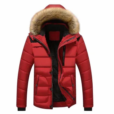 Men Winter Padded Jacket Fleece Lined Thickened Parka Faux Fur Collar Hooded Outerwear Color Block Casual Coat For Men