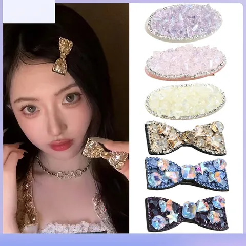 Luxury Rhinestone Bow Tie Hair Clips For Girls Elegant Oval Crystal BB Snap Clips Princess Handmade Metal Hairpin Accessories