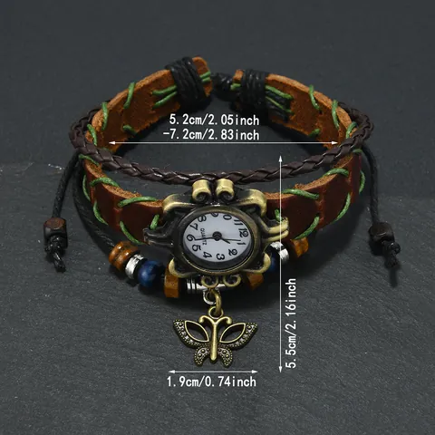Retro Böhmische Leder Armbanduhr Für Damen Vintage Weberei Schmetterling Anhänger Perlen Quarzuhr Verstellbare Wrap Armbanduhr