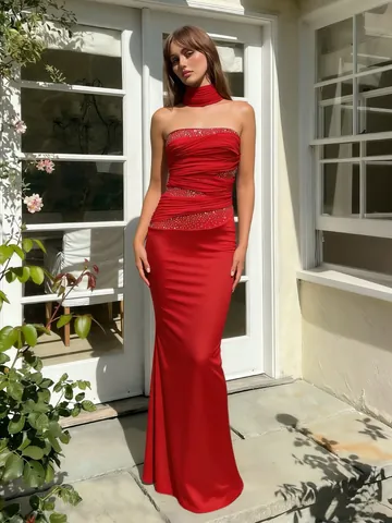 Robe De Soirée Sirène En Satin À Strass Rouge Pour Femme Épaules Dénudées Robe De Bal Formelle Avec Ras Du Cou