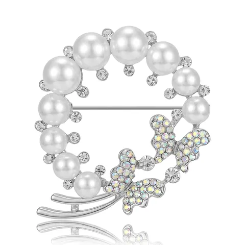 Elegante Spilla a Forma di Farfalla con Corona di Perle Artificiali per Donna Lega Strass Spilla a Cerchio Floreale Gioielli Regalo