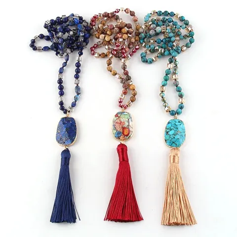 Collier Long à Gland de Style Bohème pour Femmes Perles en Pierre Semi-Précieuse Naturelle Chaîne de Pull Ethnique Plaquée Or