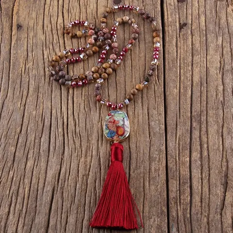 Collier Long à Gland de Style Bohème pour Femmes Perles en Pierre Semi-Précieuse Naturelle Chaîne de Pull Ethnique Plaquée Or