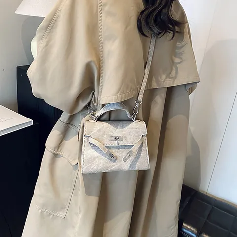 Women Retro PU Leather Small Square Top Handle Bag Commuting Shoulder Bag With Metal Lock Buckle Fashion Crossbody Bag