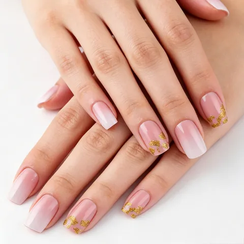 Korte Vierkante Roze Wit Gradiënt Kunstnagels Met Goudfolie Glitter Glanzende Kunstmatige Valse Nagels Voor Vrouwen Nagels