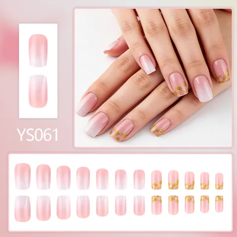 Korte Vierkante Roze Wit Gradiënt Kunstnagels Met Goudfolie Glitter Glanzende Kunstmatige Valse Nagels Voor Vrouwen Nagels