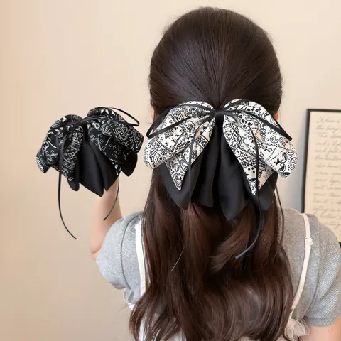 Pince à Cheveux Nœud Paisley Vintage Grand Satin Double Couche Floral Queue de Cheval Accessoires Cheveux Femme