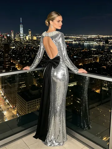 Silver Sequin Evening Dress Long Sleeve Backless Artificial Pearl Neckline Large Black Bow Train Elegant Slim Fit Banquet Runway Gown