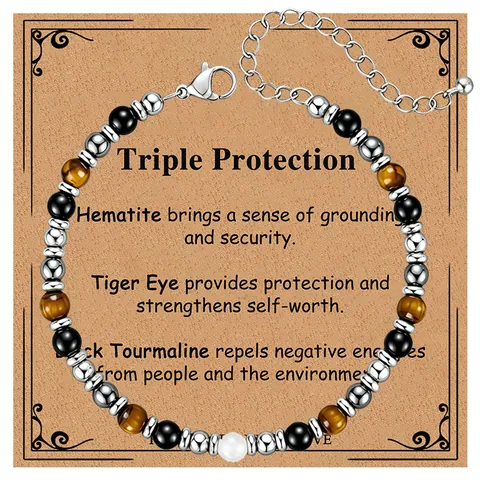 Triple Protection Bracelet For Men Women Healing Natural Stone Tiger Eye Hematite Black Obsidian Bracelet Stainless Steel Adjust Chain Jewelry