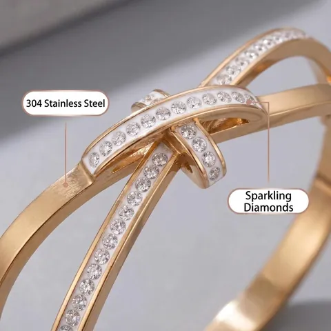 Bracciale Rigido a Fiocco in Acciaio Inossidabile da Donna Con Strass Intarsiati Geometrici Oro Rosa Gioielli Minimalisti Regalo