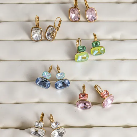 Light Luxury Stainless Steel Rhinestone Leverback Earrings For Women Geometric Rectangle Drop Earrings Fashion Jewelry Not Fade