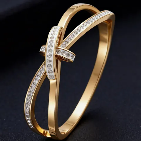 Bracciale Rigido a Fiocco in Acciaio Inossidabile da Donna Con Strass Intarsiati Geometrici Oro Rosa Gioielli Minimalisti Regalo