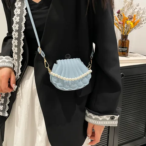 Borsa a Tracolla Donna a Forma di Conchiglia in Pelle PU Con Manico in Perle Artificiali Elegante Motivo a Cuciture Borsa a Spalla per Festa