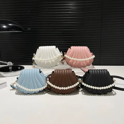 Borsa a Tracolla Donna a Forma di Conchiglia in Pelle PU Con Manico in Perle Artificiali Elegante Motivo a Cuciture Borsa a Spalla per Festa