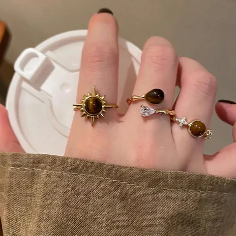 Anillos Vintage de Aleación Chapados en Oro Ojo de Tigre Girasol Estrella Zirconia Joyería Boho para Mujer Accesorio de Moda