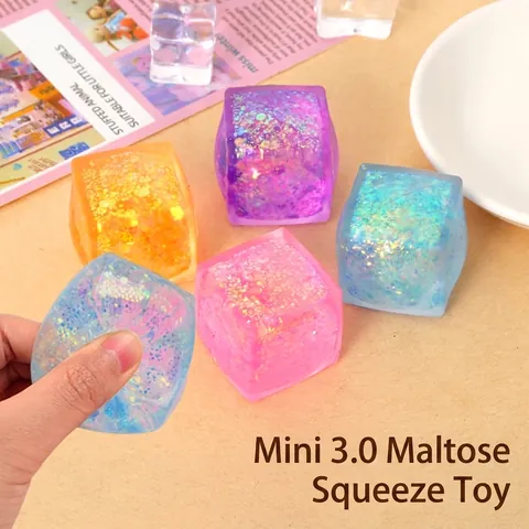 Squishy Stress Relief Toy Ice Cube Shape Soft TPR Maltose Filled Sensory Toy For Kids Adults ADHD Anxiety Relief Multi-Color Glitter Frosted Desktop Decor